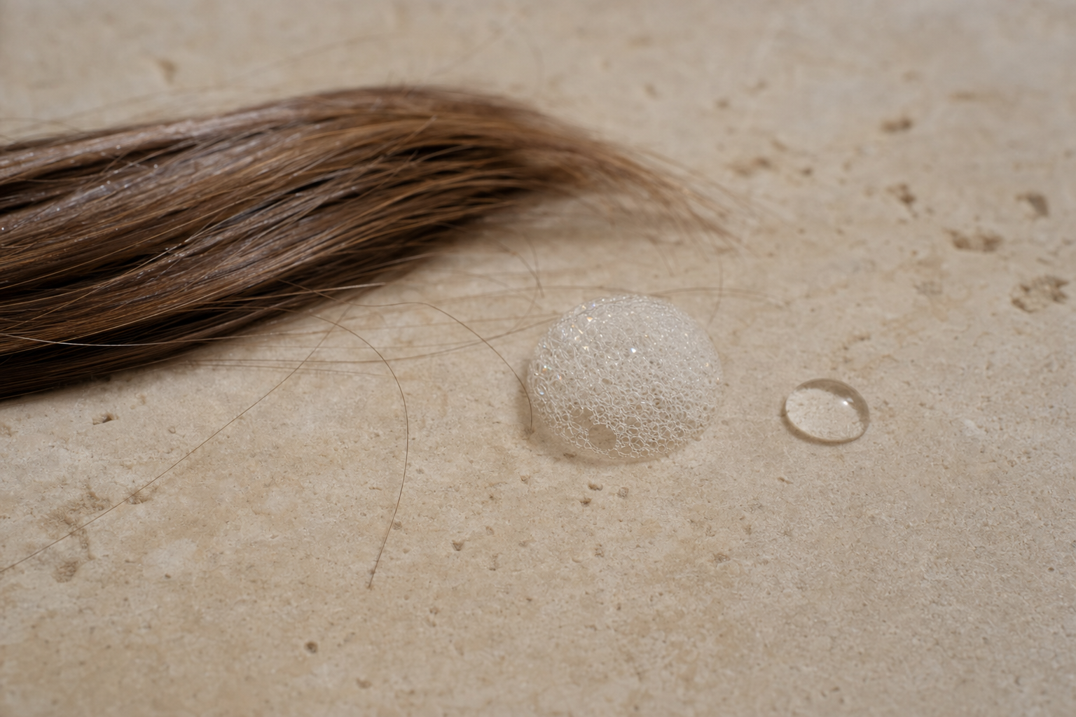 A dry lock with a lather bubble and droplet, best shampoo for dry hair.