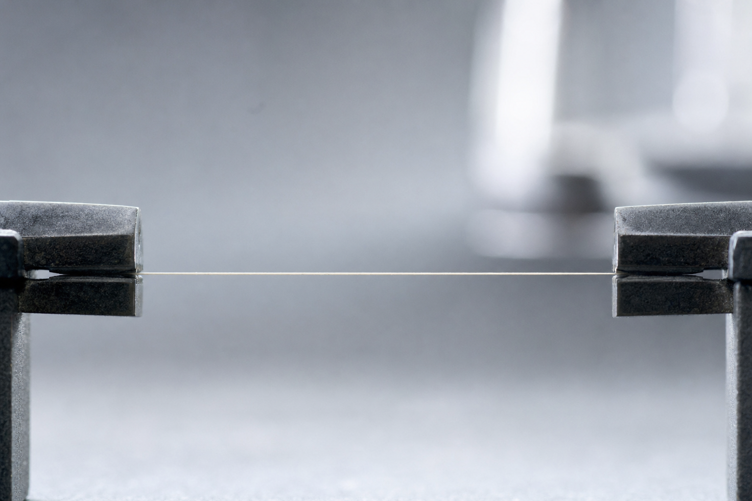 A bleached fibre stretched between clamps, a bleached hair strength study.