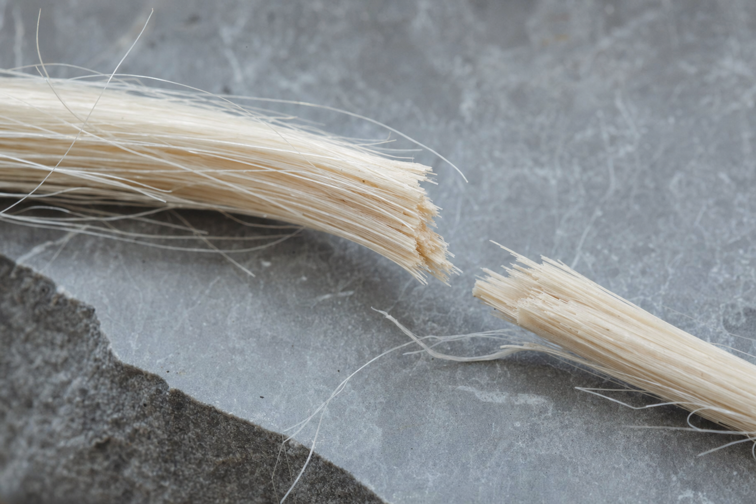A snapped brittle bleached fibre, cysteic acid hair damage.