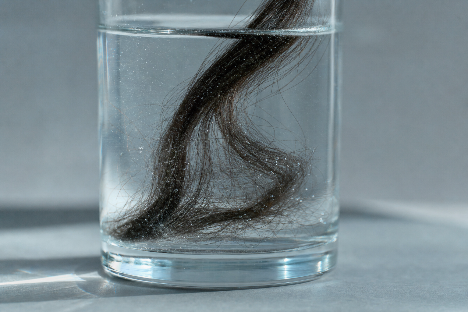 A hair lock submerged in cloudy hard water with mineral bubbles, hard water and hair.