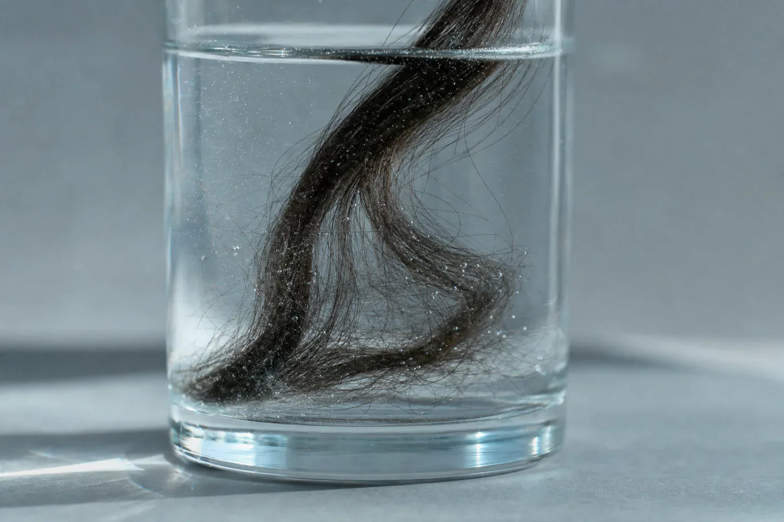 A hair lock submerged in cloudy hard water with mineral bubbles, hard water and hair.