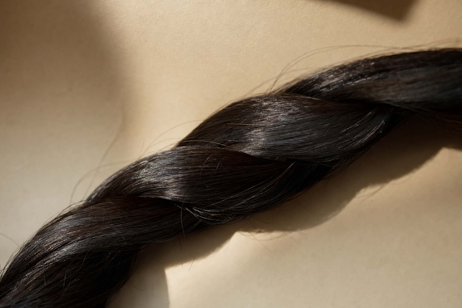 A glossy twisted rope of hair like a protein cable, keratin.