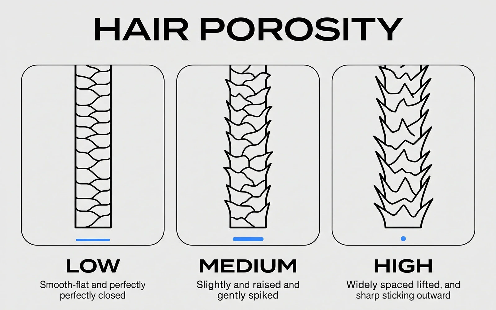 Three-panel scientific illustration showing LOW, MEDIUM, and HIGH hair porosity — each panel depicts a hair fiber with progressively more lifted cuticle scales.