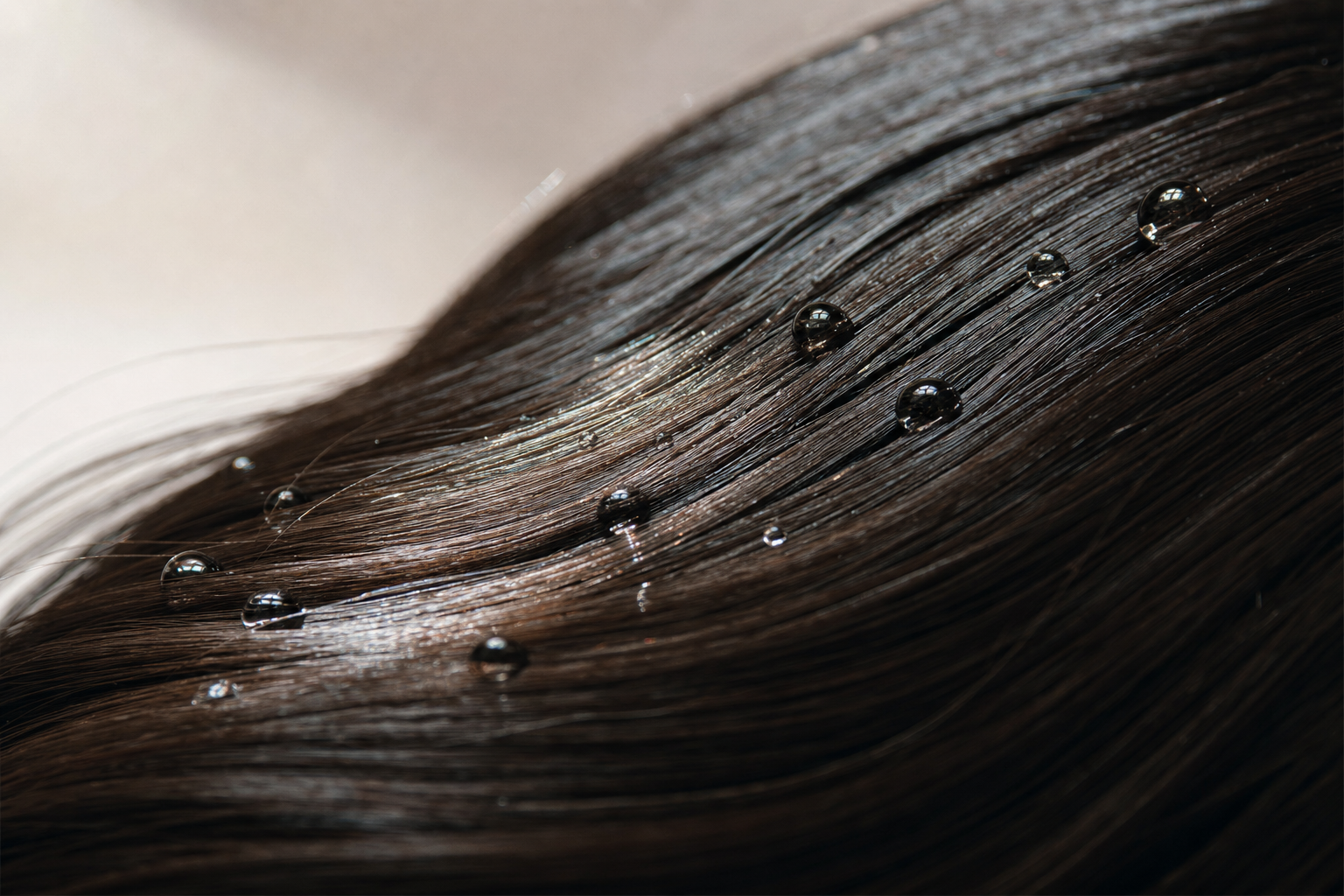 Water beading and rolling off glossy sealed hair, low porosity hair.