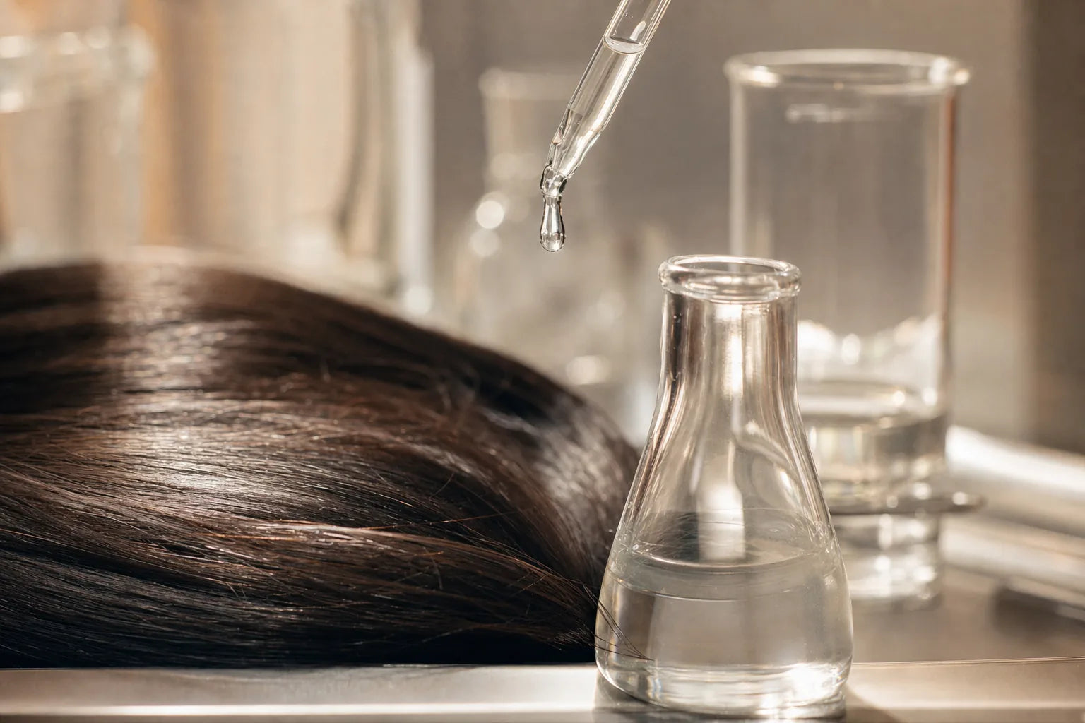 A glossy lock beside lab glass and a serum drop, molecular hair repair.