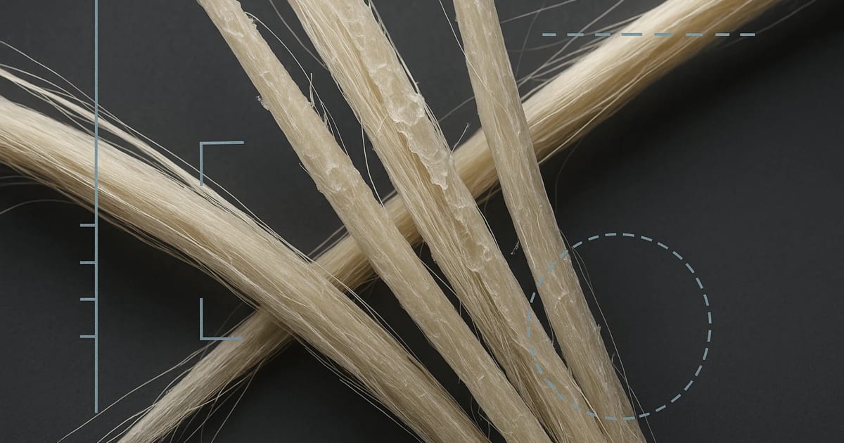 Bleached hair fiber shown as a structural material with internal weakening and repaired bridge geometry.