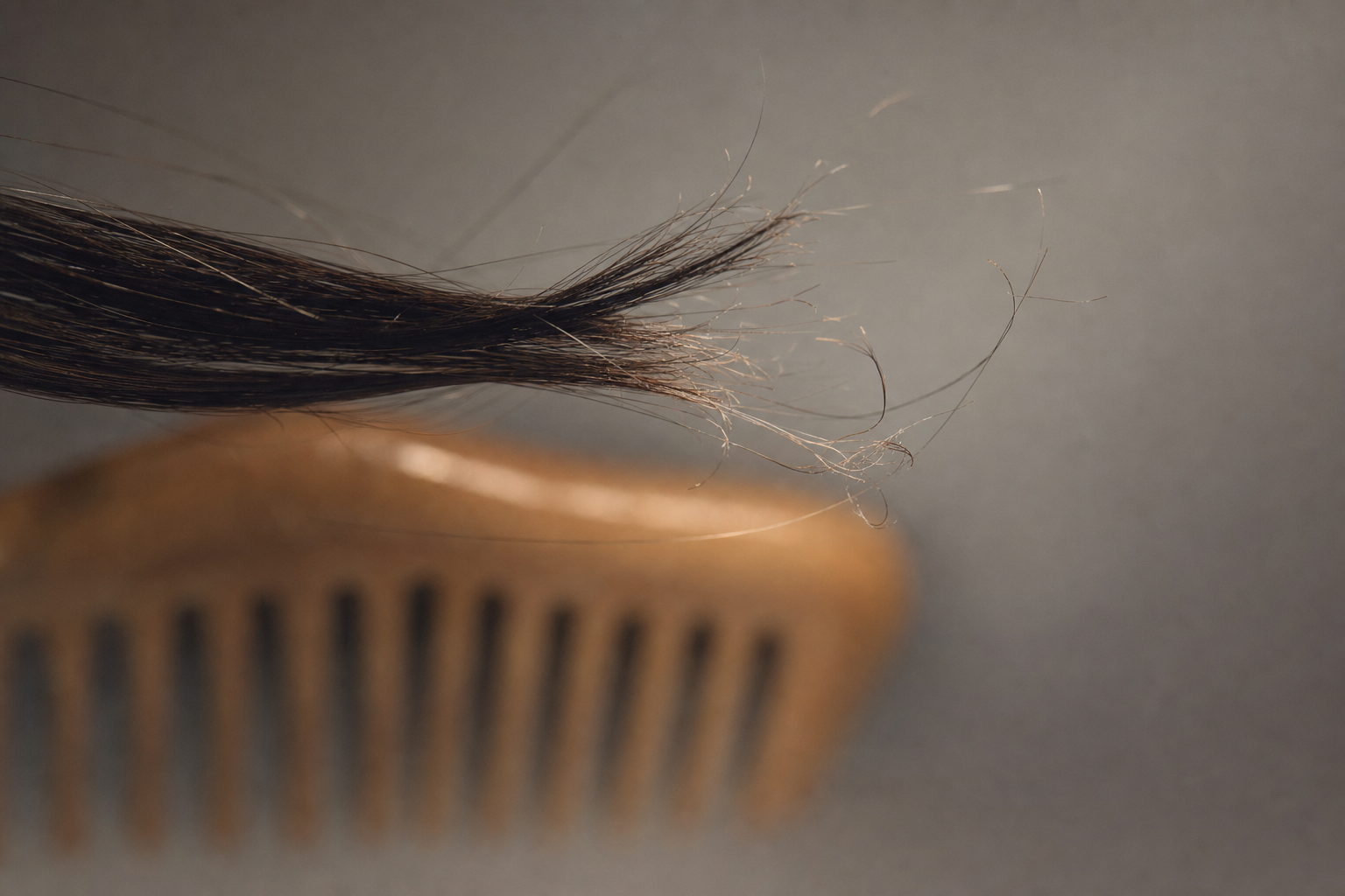 A lock mid-snap with broken strands near a comb, hair breakage when brushing.