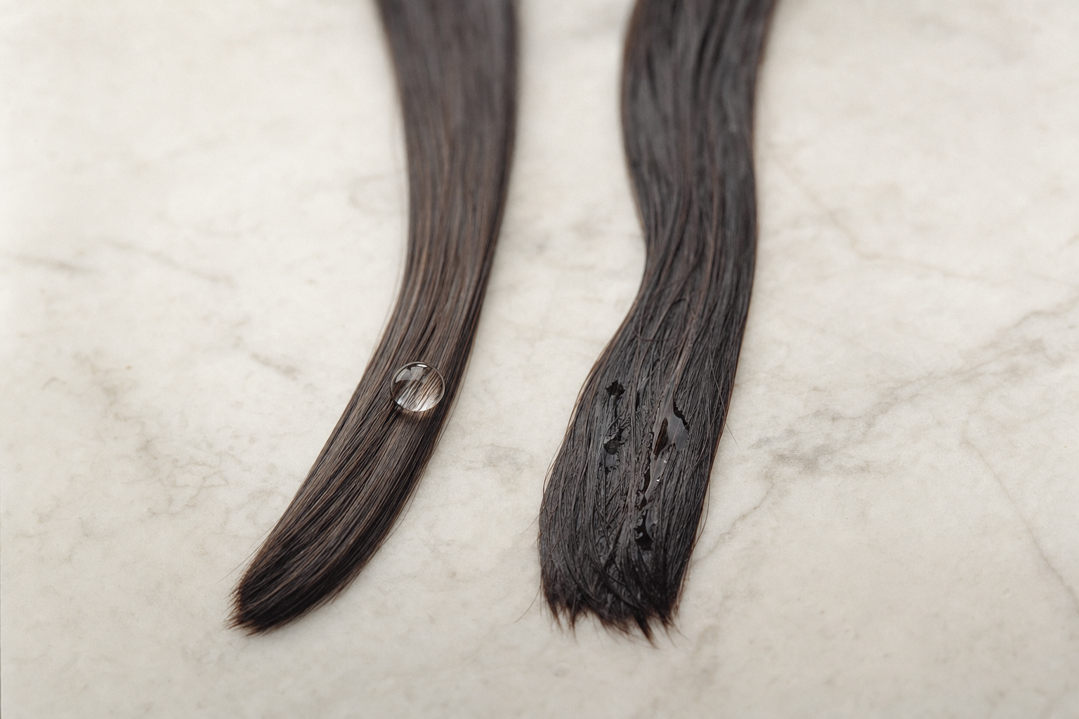 Two locks compared, sealed versus porous, hair porosity versus damage.