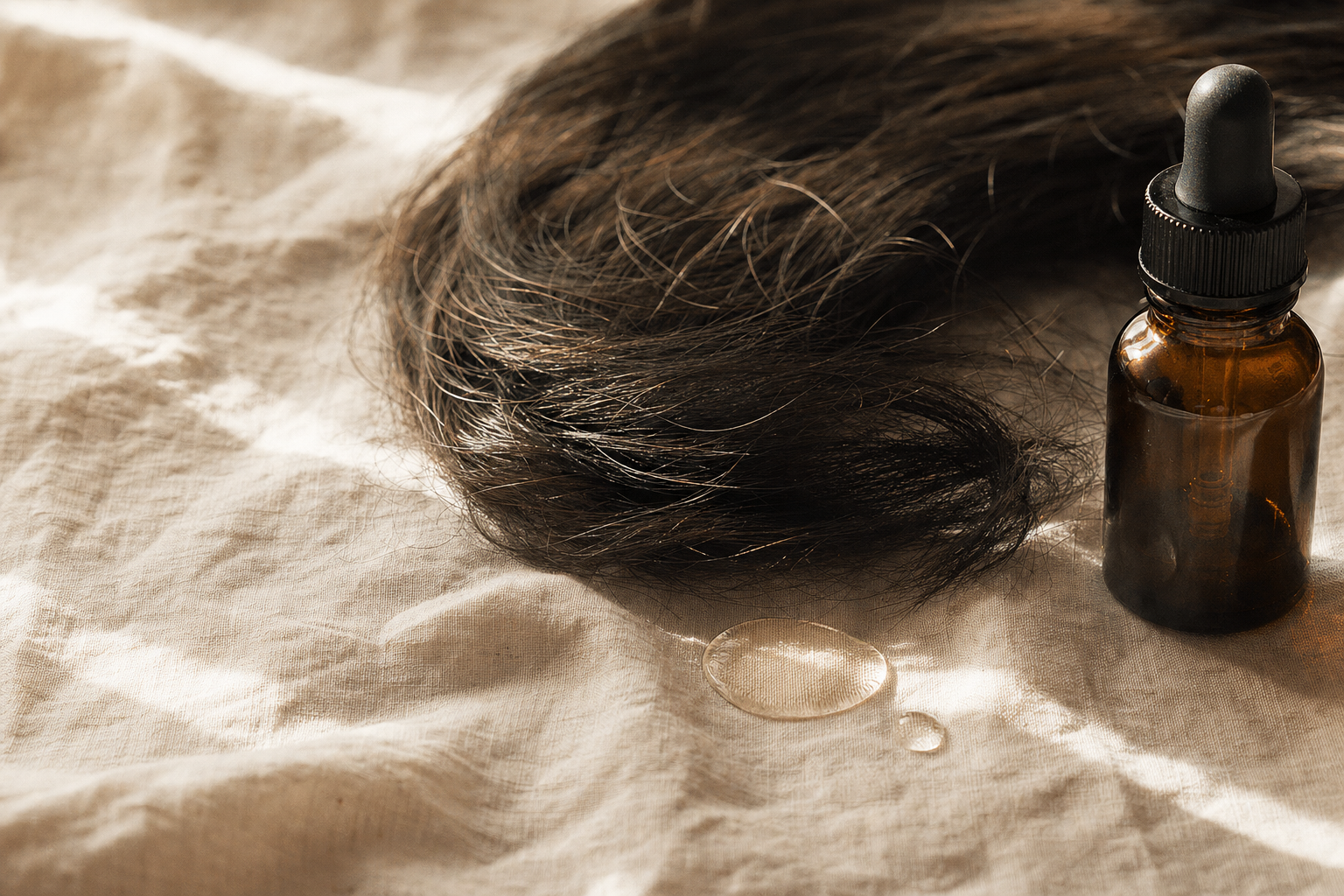 A glossy lock beside an amber serum dropper, a high porosity hair routine.