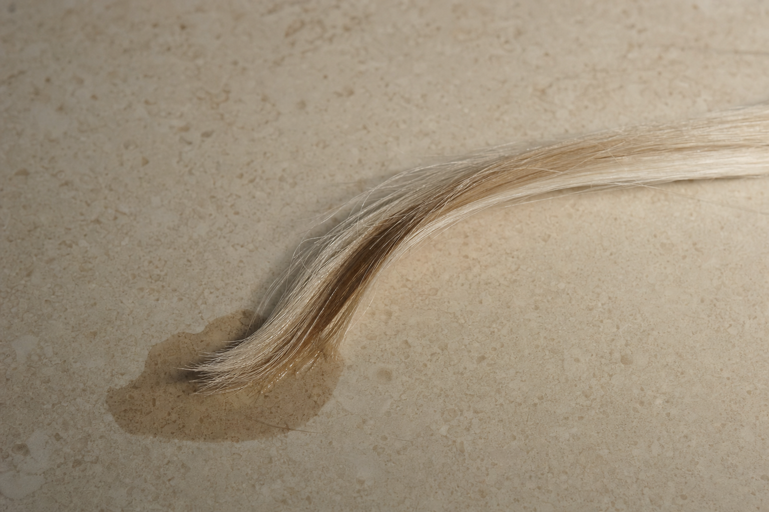 Water soaking into a bleached blonde lock, bleached hair and high porosity.