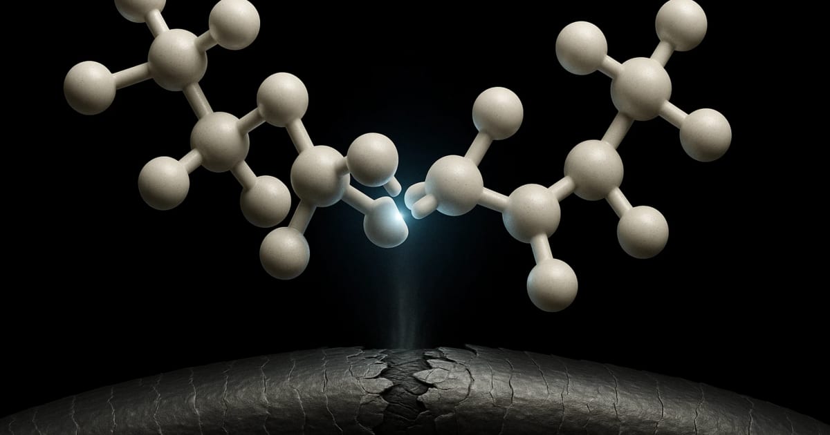 Minimal scientific image representing click chemistry bond formation inside damaged hair.