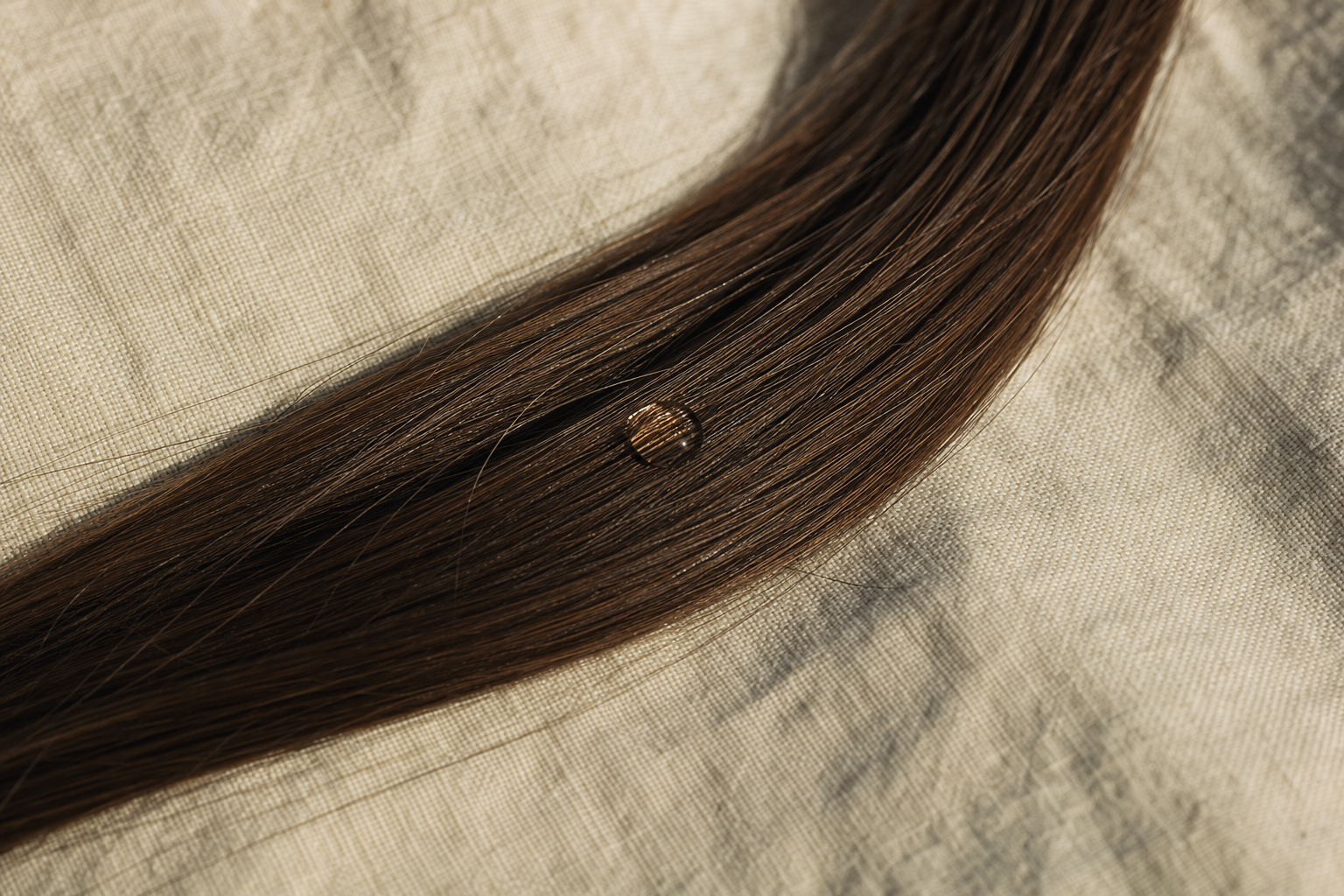 A balanced lock with a half-absorbed droplet, medium porosity hair.