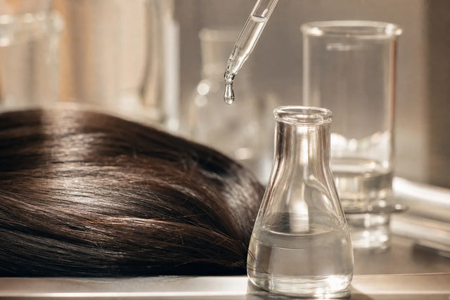 A glossy lock beside lab glass and a serum drop, molecular hair repair.