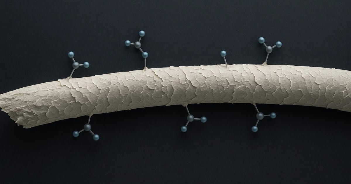 Scientific image representing oxidative changes in bleached hair sulfur chemistry.